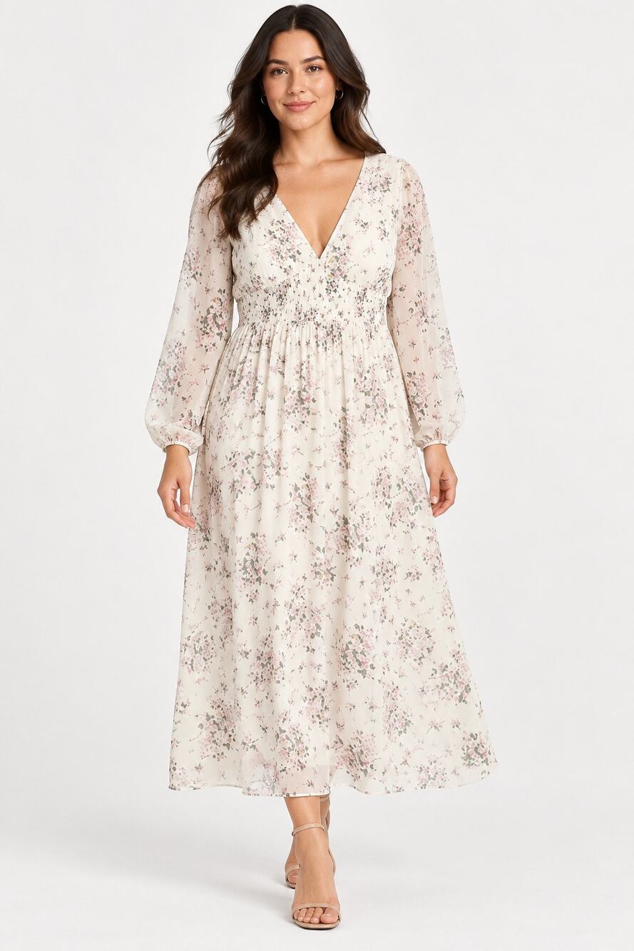 Missguided Ivory Floral Long Sleeve Maxi Dress – Size 16